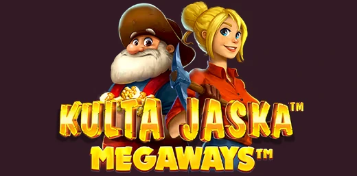 Kulta Jaska Megaways -logo ja pelin kaksi kullankaivajahahmoa